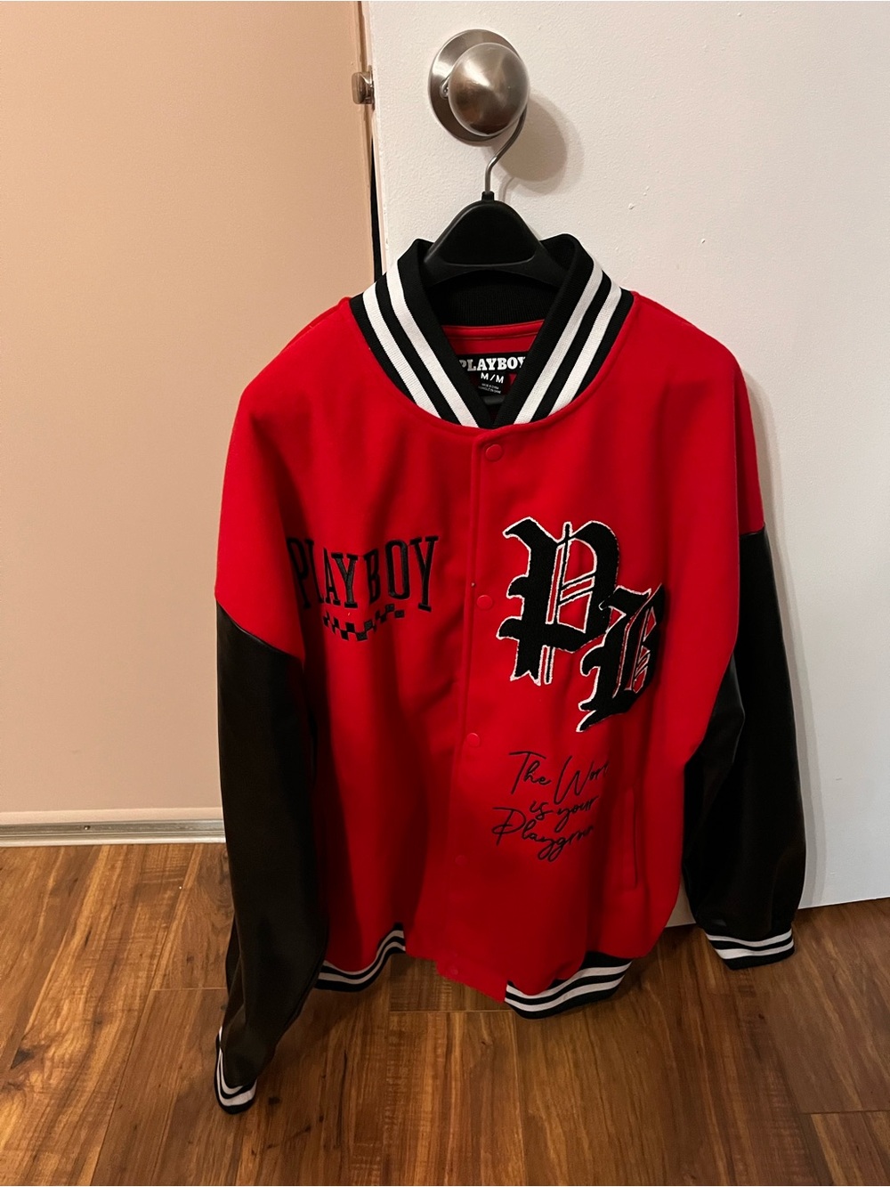 PLAYBOY Red & Black Striped-Collar Varsity Jacket